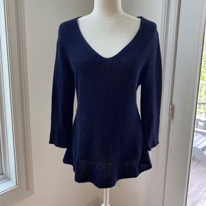 Talbots Navy Open Knit V-Neck Peplum Sweater